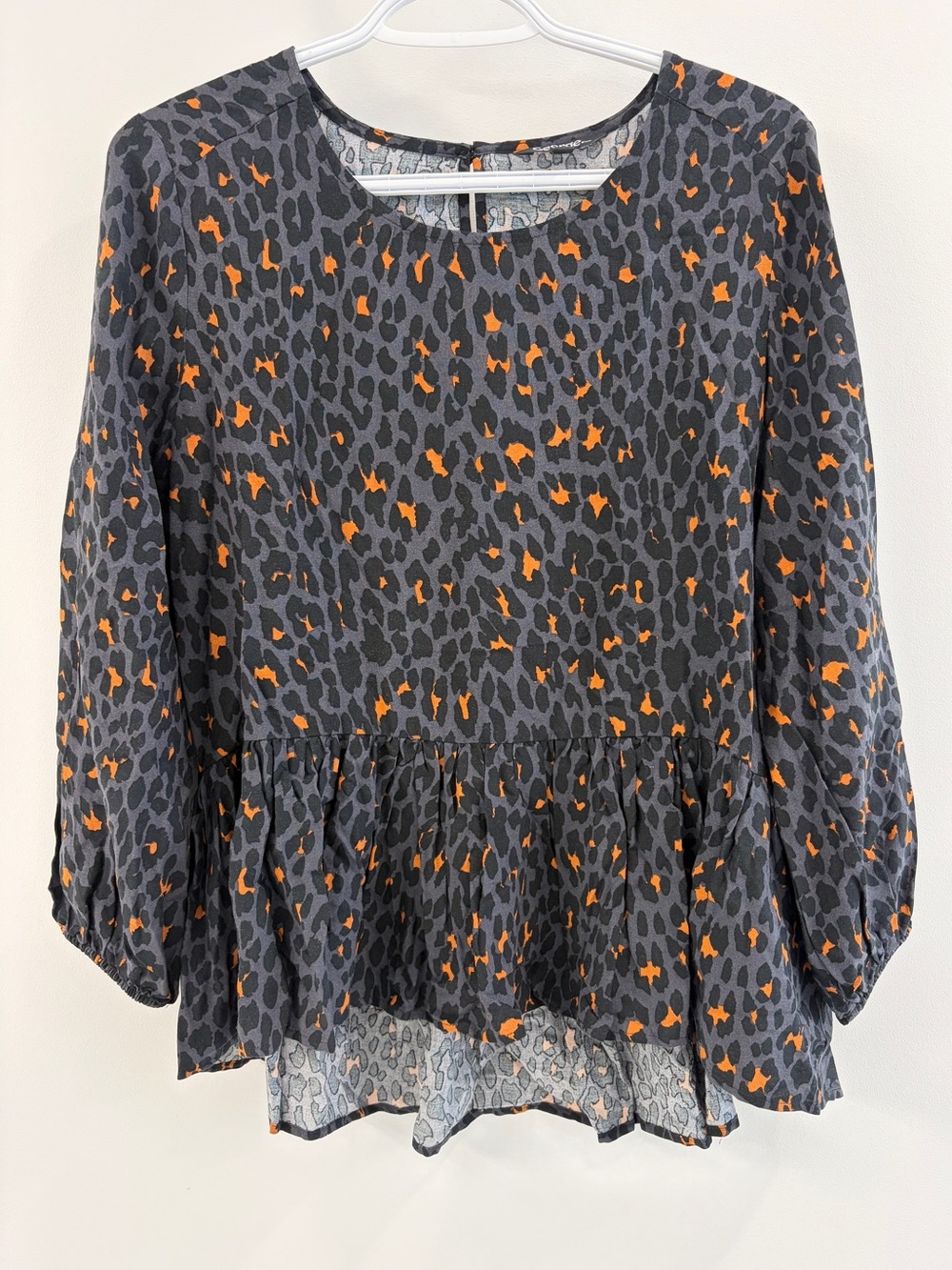 Womens Black & Orange Leopard Print Peplum Blouse - Small